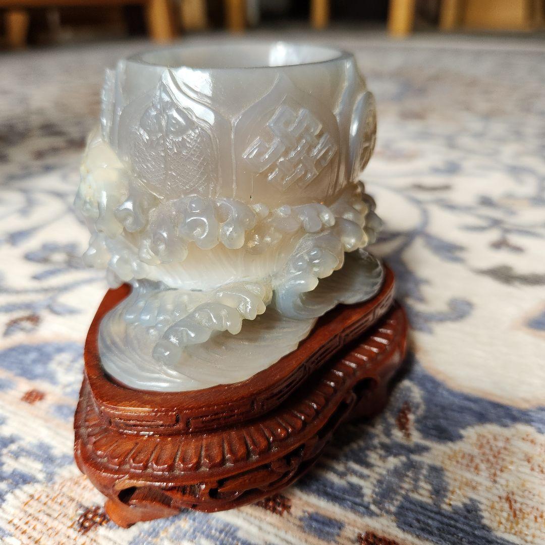 天然瑪瑙水滴　鶴首銅製匙、唐木台付き　書道水滴