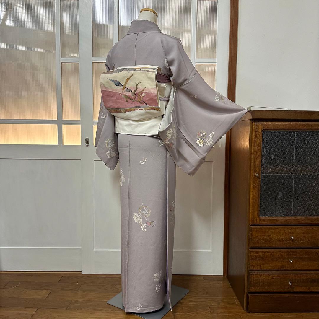 く*る様 小紋　袷　正絹　草木模様　飛び柄　藤鼠色　身丈170裄72トールサイズ