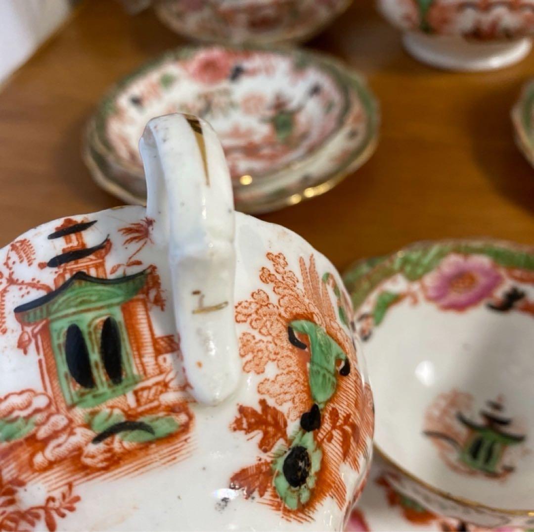 英国窯初期のアンティーク　カップ　ソーサー　プレート　シノワズリ c1880