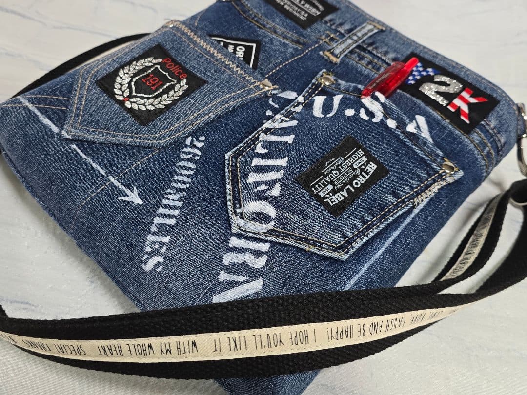 大きめ デニムリメイクバッグ ファスナー ＆ カジュアルサコッシュ 2点