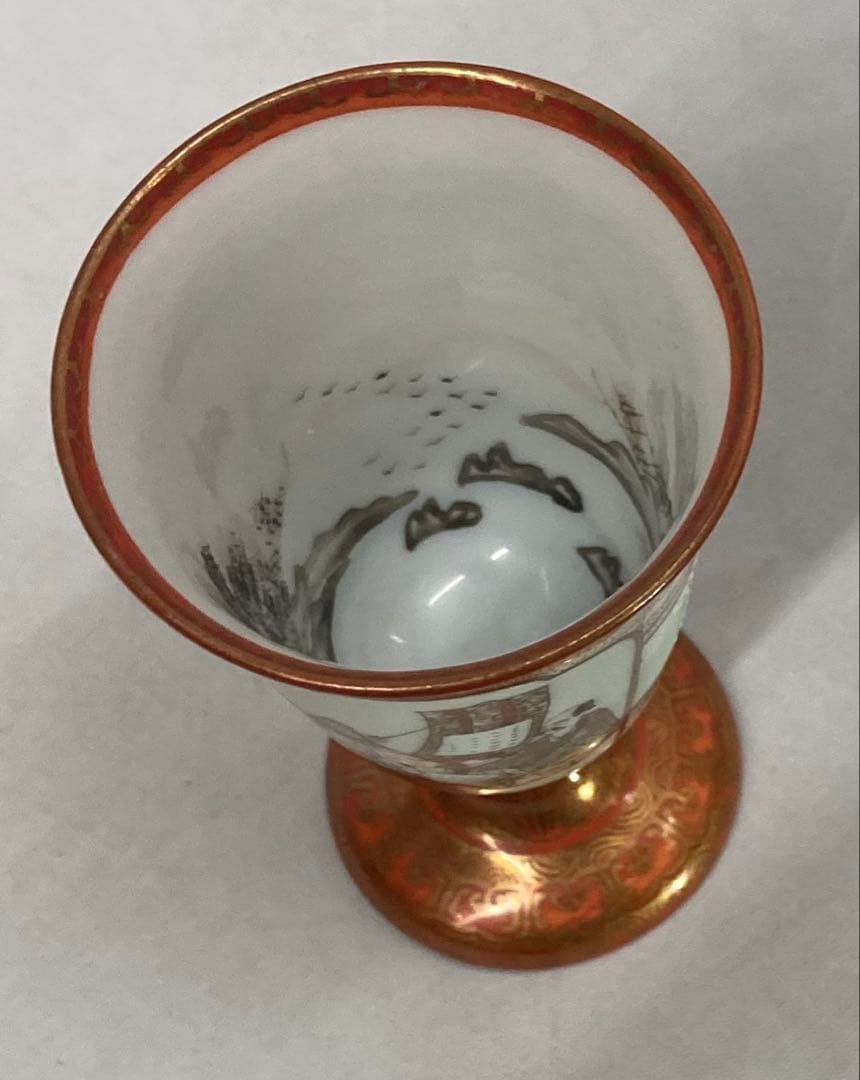 B548s「赤絵金彩馬上盃　2個」 大日本九谷製　内側山水絵　酒器　明治時代