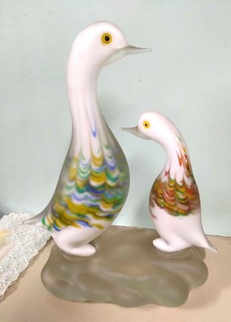 ベネチアングラスの置き物　2羽の鳥　フロストガラスコーティング　ハンドメイド