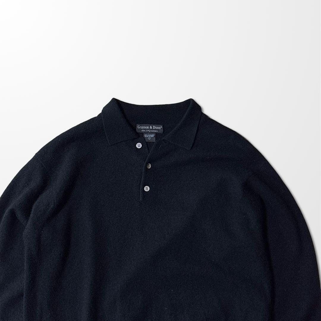 カシミヤ100% ニットポロ 黒　L ブラック　カラー　襟　古着　2ply