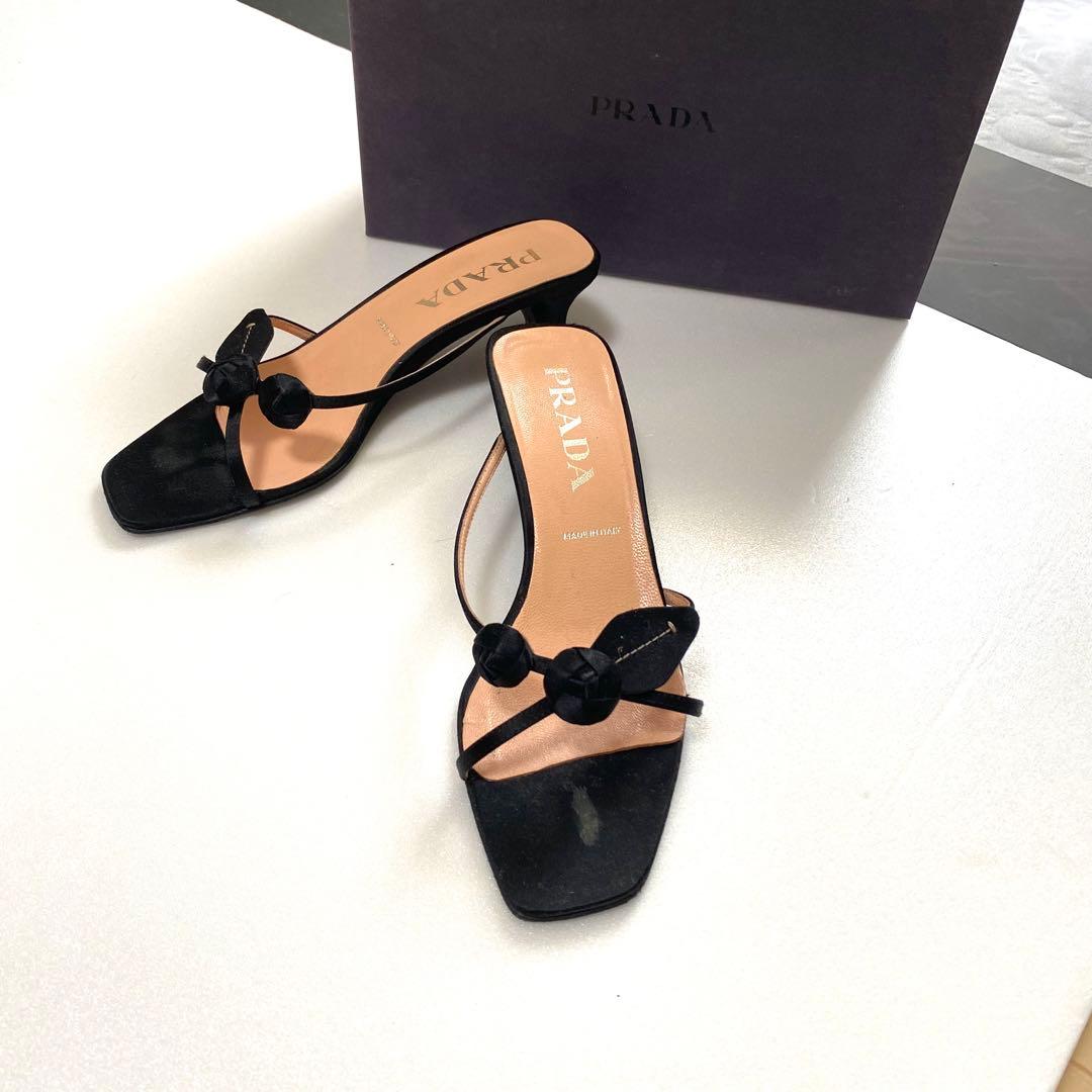 PRADA プラダ　サンダル　23.5 ミュール　黒　バラ　お花モチーフ　37