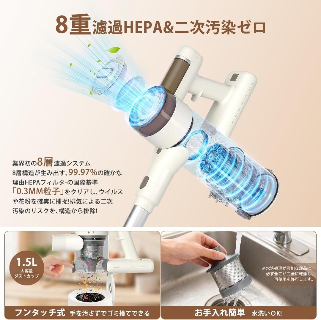 コードレス掃除機自立式 75KPa超強力吸引 65分連続駆動 150°LED