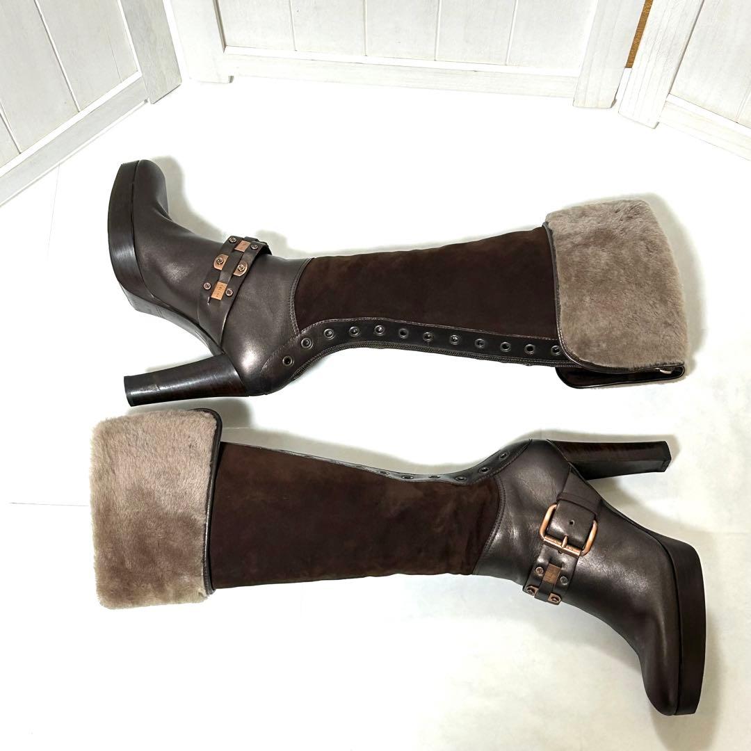 美品 CELINE スエード レザー ファー ロングブーツ 2way 36.5