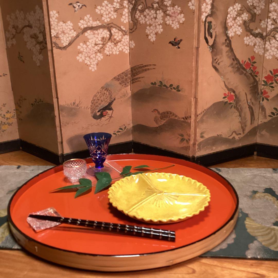【特別出品】　懐石道具　黄交趾焼　源内焼　三つ扇皿　　５枚揃　供箱