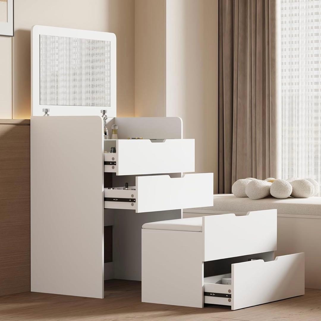 1台3役 ドレッサー キャビネット サイドテーブル 鏡付き スツール付き