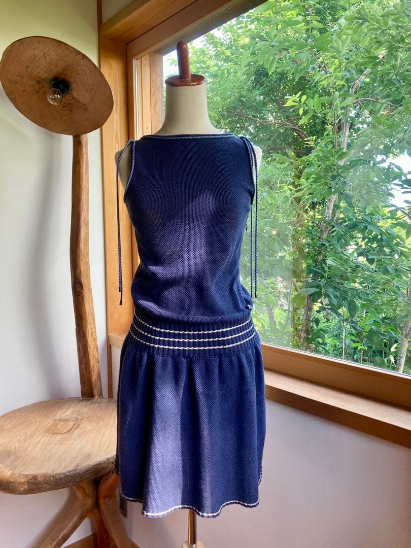 CHANEL サマーニット ノースリーブ ワンピース ドレス 36 ネイビー