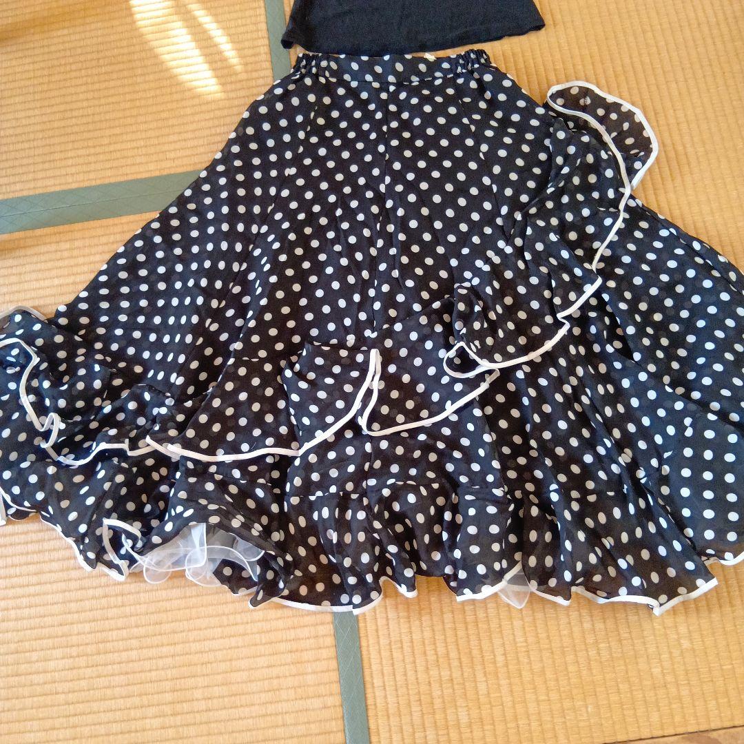 フラメンコ衣装セット 黒と白の水玉とダンスシューズ