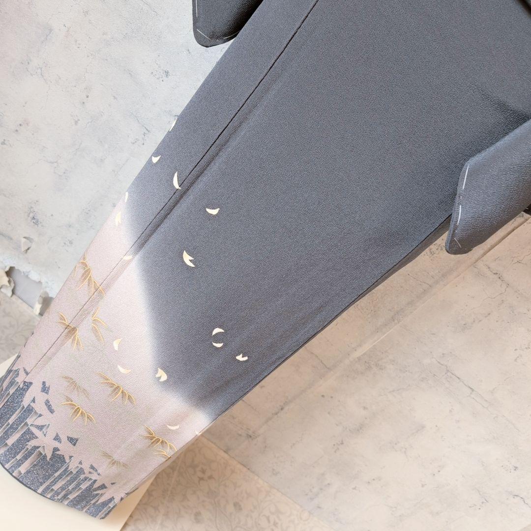 訪問着単品　着物　正絹　墨黒グレー　竹林　竹藪　クール　F1