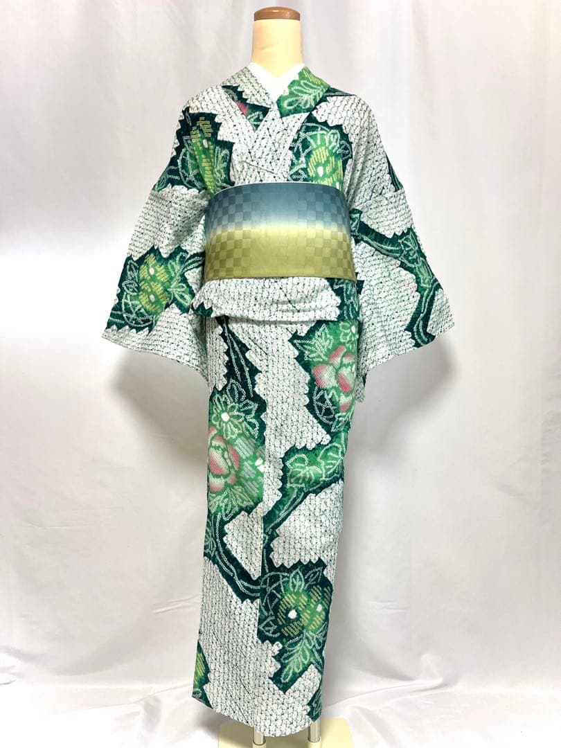 【美おり】YK52002 浴衣 有松絞り 浴衣 花柄 みどり色 トールサイズ