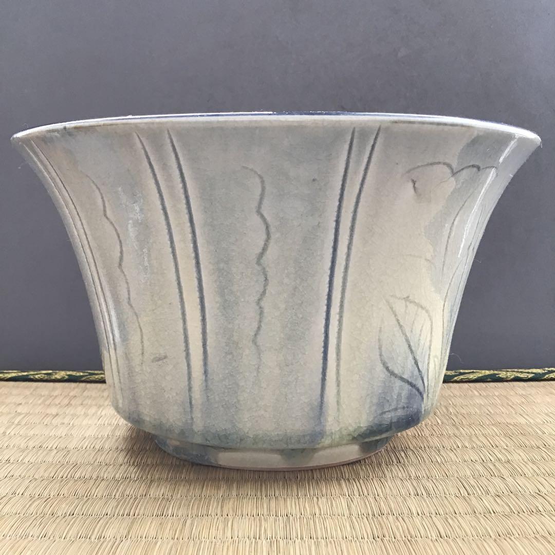 茶器　菓子器　御深井釉単花刻文菓子鉢　大江文象作　無形文化財　共箱　S274KH