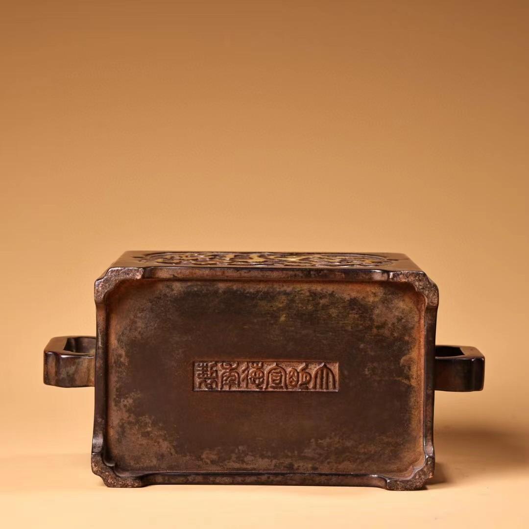 中国古美術・旧藏銅鎏金回文香炉・高浮彫・錾刻・純紫銅・純手作り・箱付き・文房置物