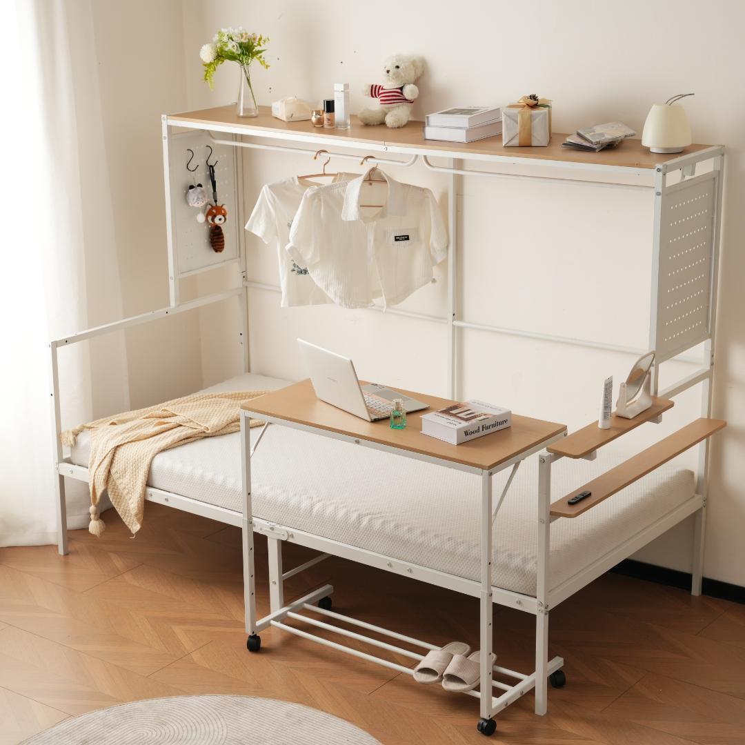 限定価格❣ロフトベッド シングル スチールネット付き 移動型デスク付き 北欧風