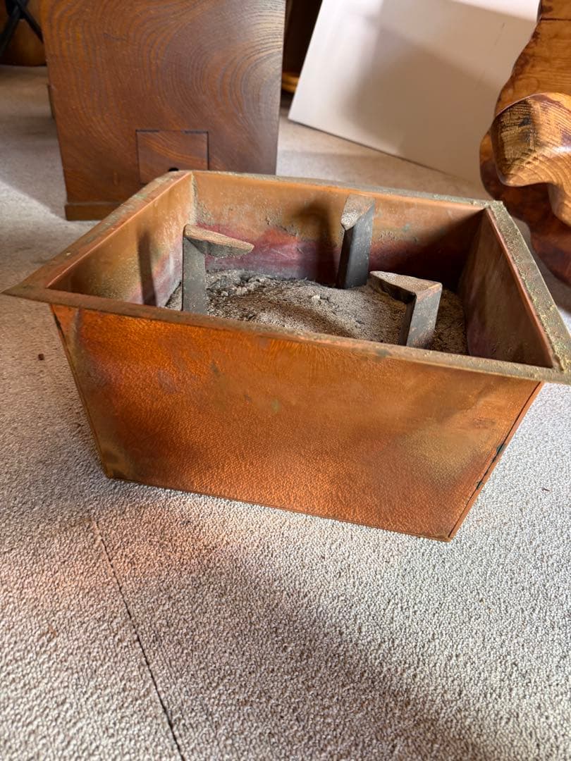 引取限定！　銅製火鉢付 囲炉裏テーブル 昭和レトロ 木製 当時物　現状品