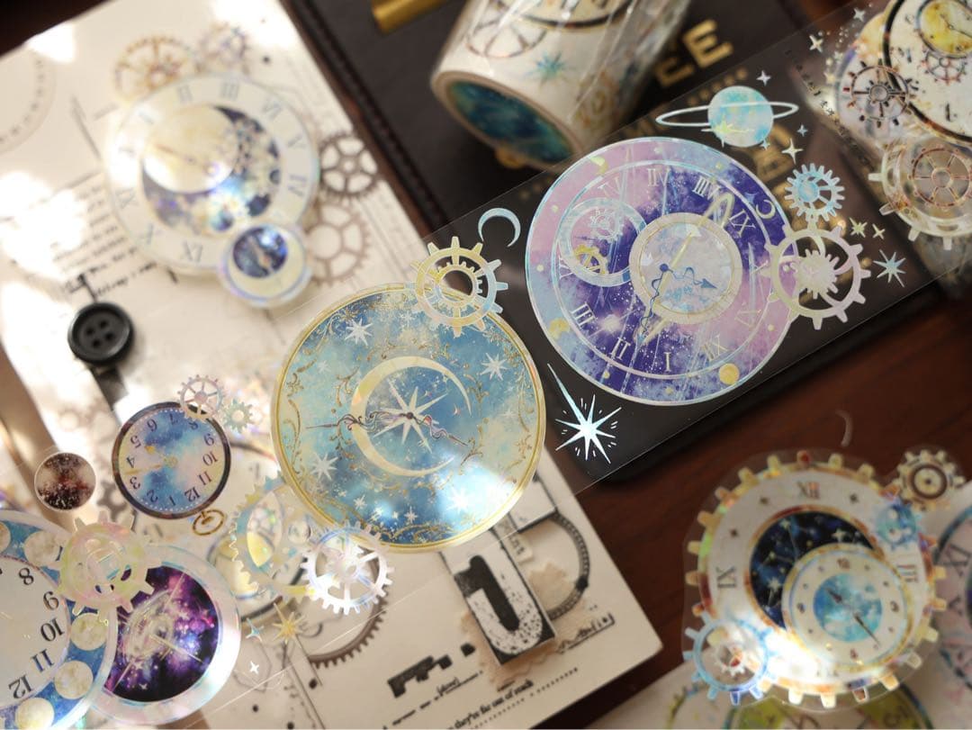 【9484】海外　5m巻　貝殻光マスキングテープ　星時計　カラフル　装飾系