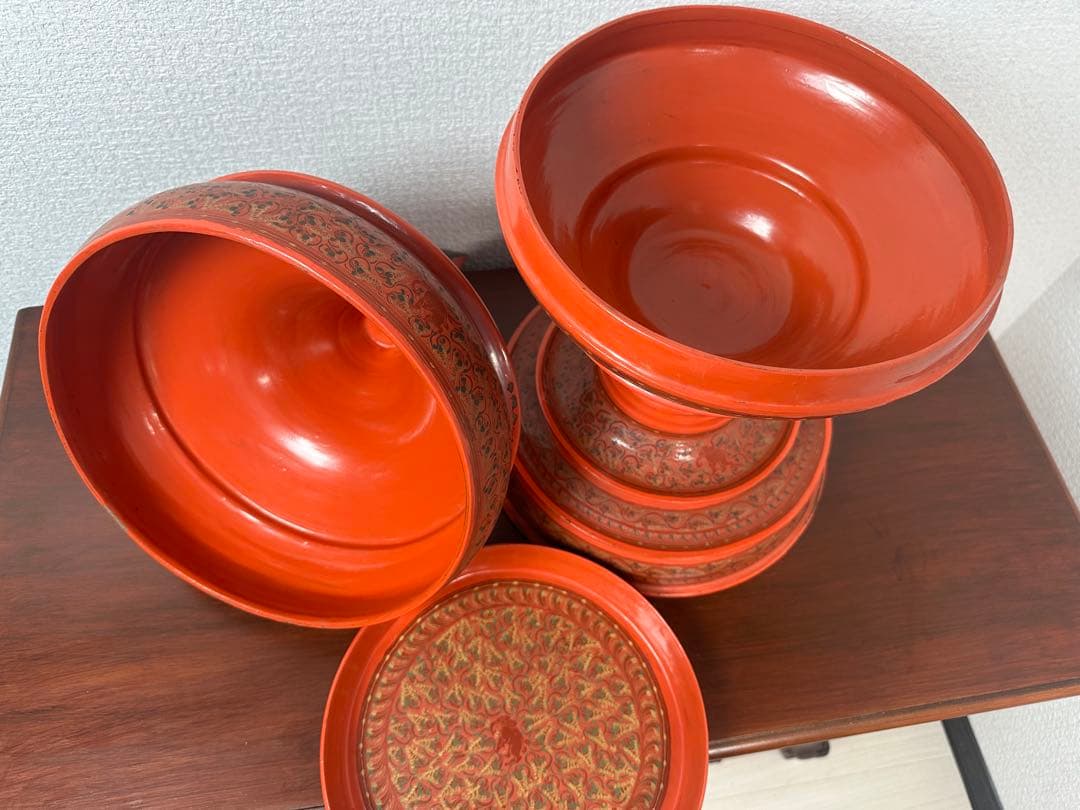 ミャンマー アンティーク 漆器 蒟醤 仏塔形 供物器 高さ約62cm ※31※