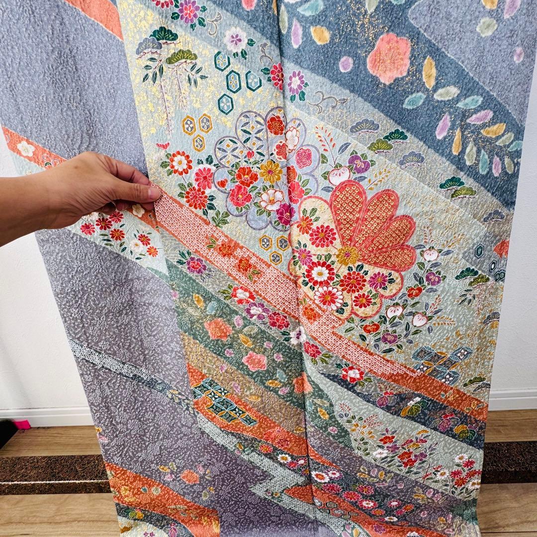 超美品　正絹　現代　訪問着　着物　膨れ織　グレー　オレンジ　トール　174裄70