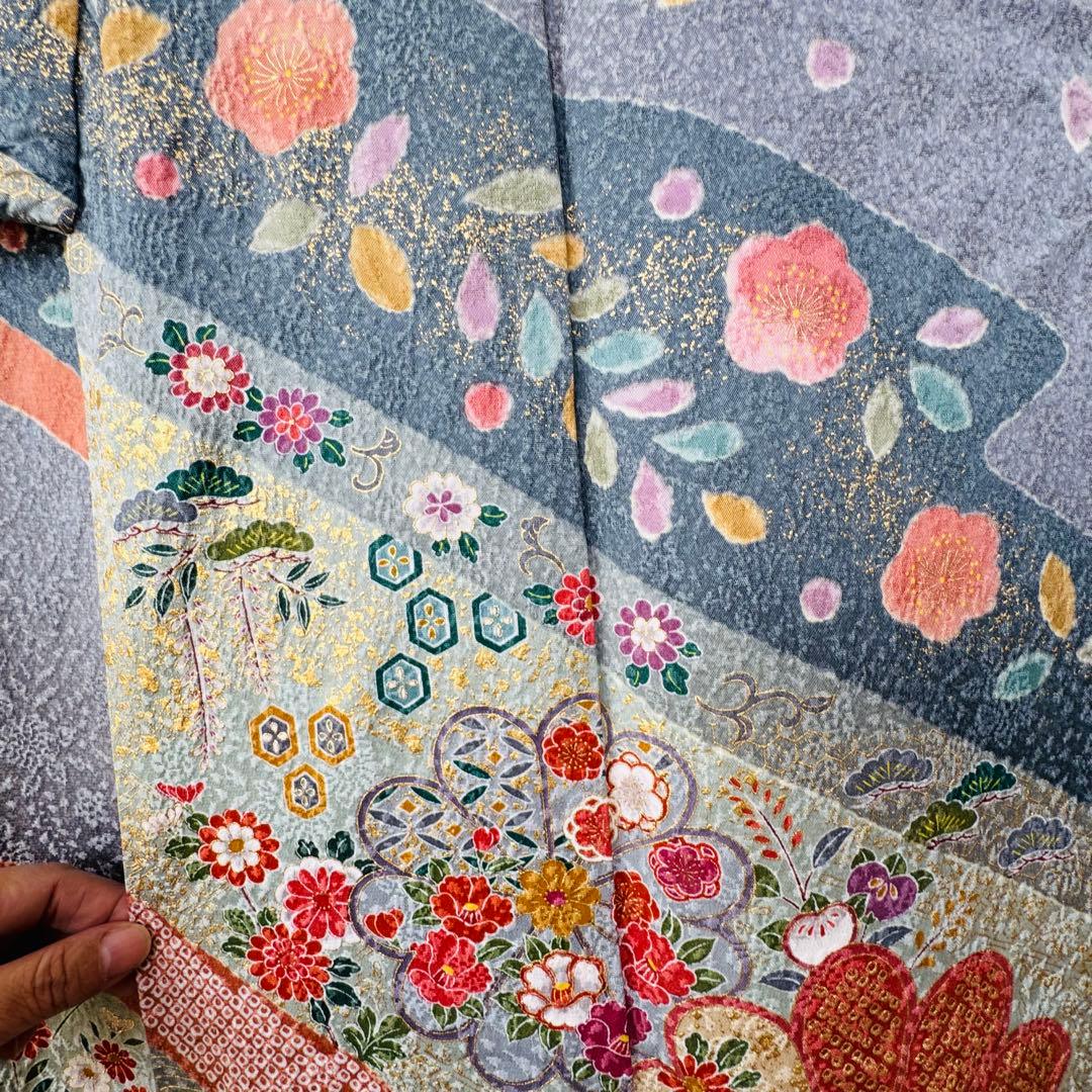 超美品　正絹　現代　訪問着　着物　膨れ織　グレー　オレンジ　トール　174裄70