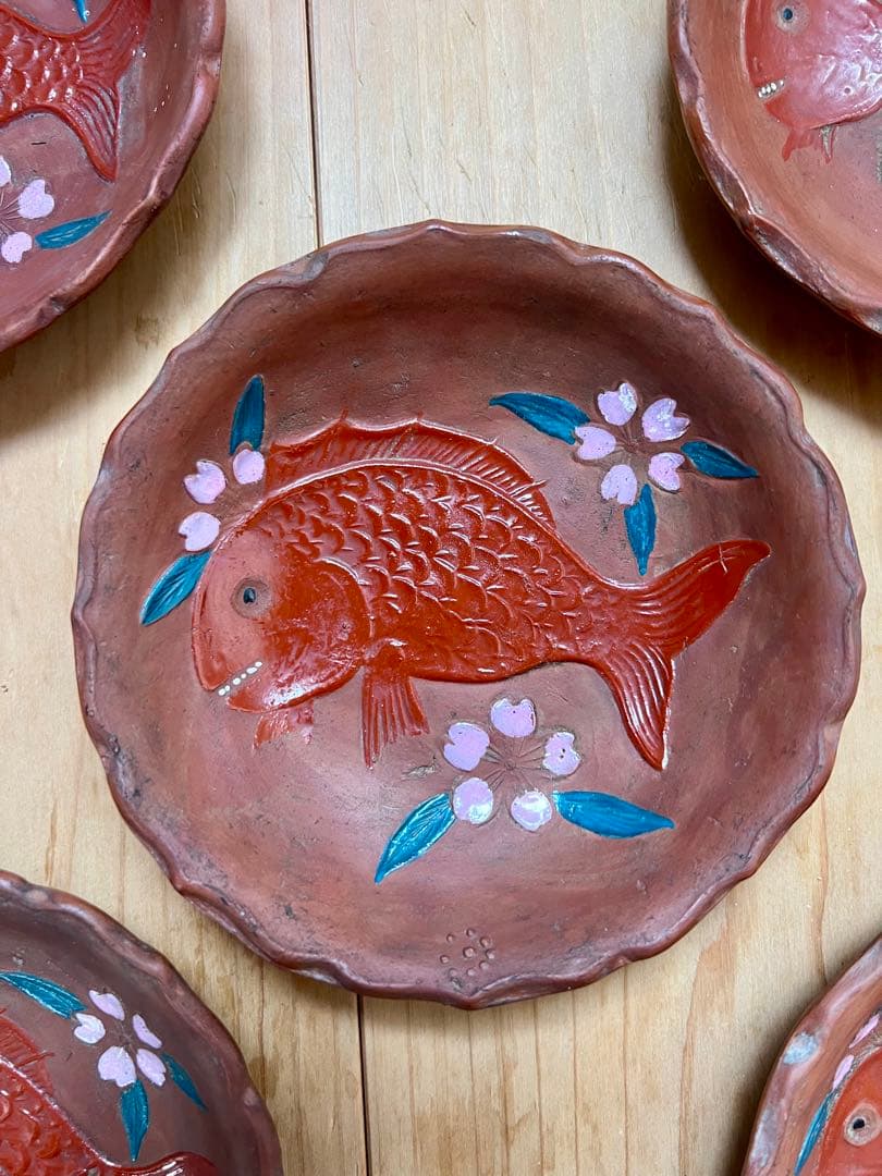 せんべい皿　鯛の図A 5枚セット　絵備前　色備前　備前焼　小皿　アンティーク