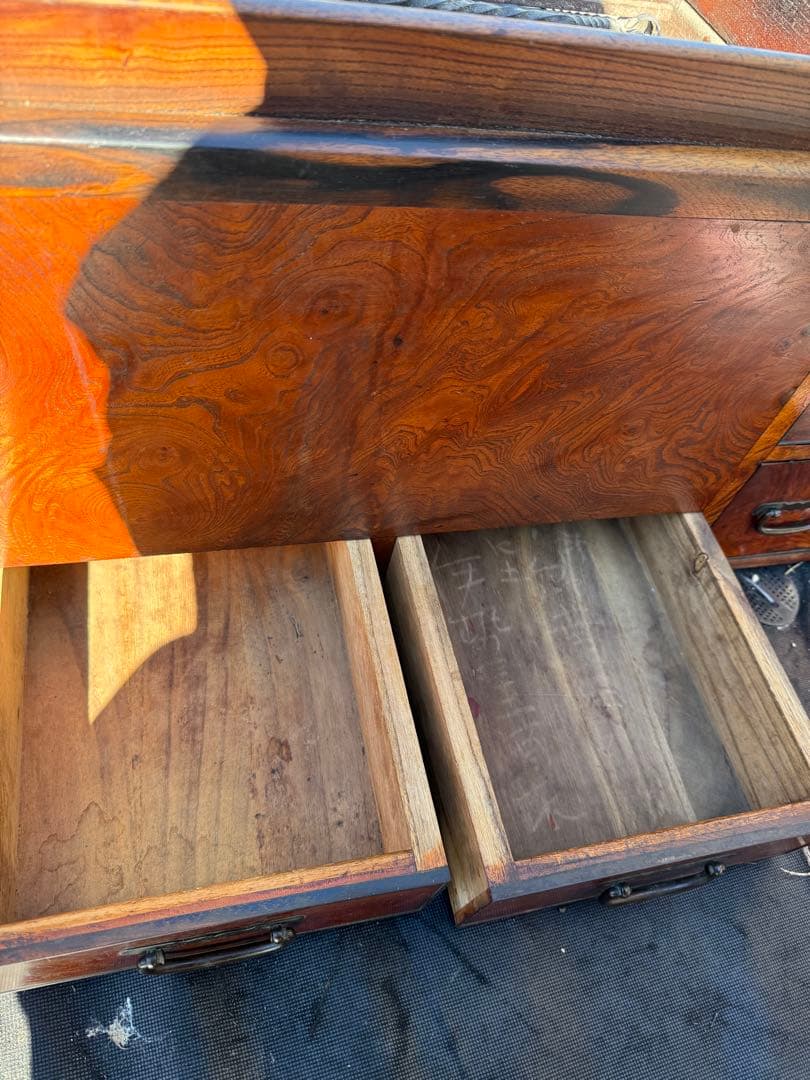 昭和初期 関東長火鉢 欅玉杢 木製 古民具 引き出し付 灰床 五徳 灰匙 猫板付