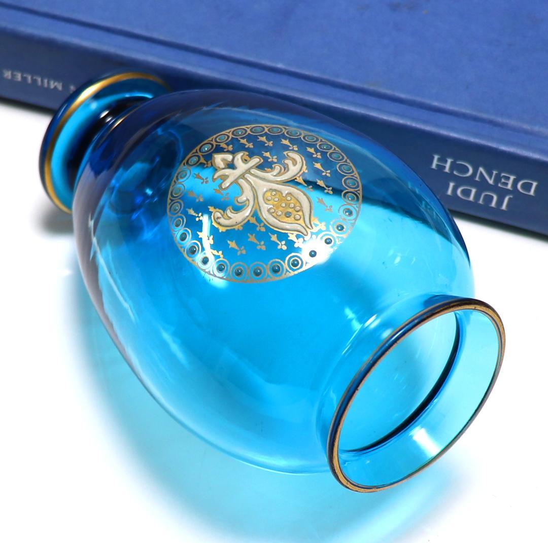 オールド・バカラ 激レア 1878年頃 金彩百合文エナメルブルーガラス花瓶 青色