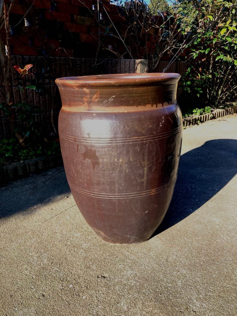 古道具 甕 昭和レトロ 陶器製 オブジェ 陶器製水鉢 ダークブラウン 約60cm