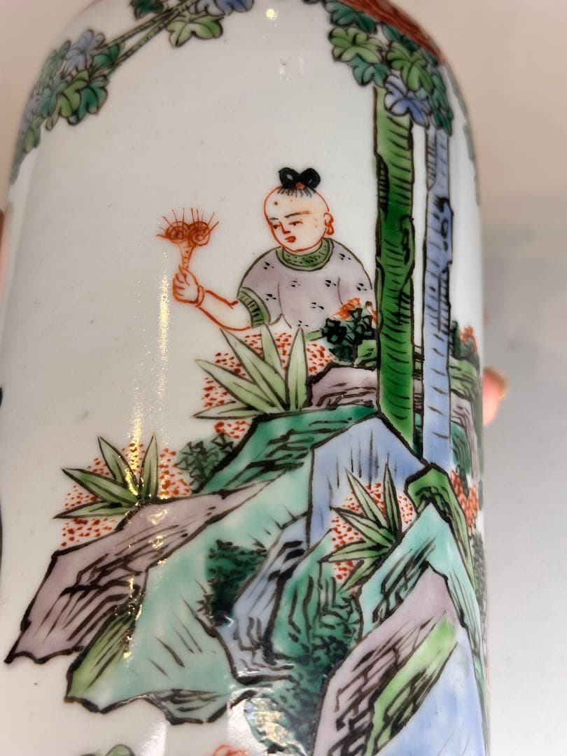 【新年セール】康熙葉子款 底部款識 人物童子戯図 彩絵 花瓶 中国古美術 时代物
