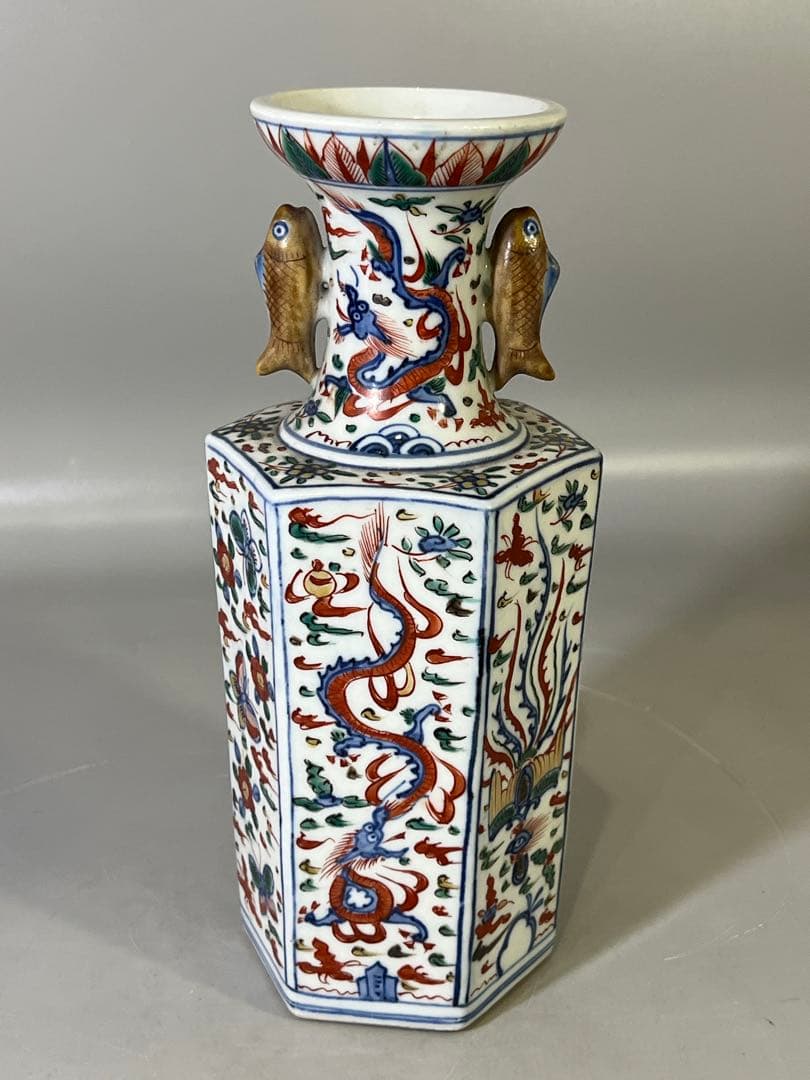 DT733 中国 赤絵 鯉双耳瓶