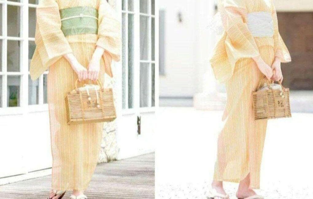 お任せ黄緑半幅帯つき◆古典綿麻高級しじら織り橙夏着物&浴衣◆新品未使用