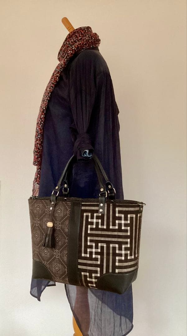 秋名バラ 大島紬 ×本革 着物リメイク トートバッグ 和装バッグ ハンドメイド