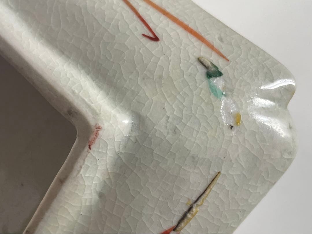 骨董　アンティーク　色絵九谷　苫屋　矢羽　野葡萄　隅入角皿　小皿　古伊万里