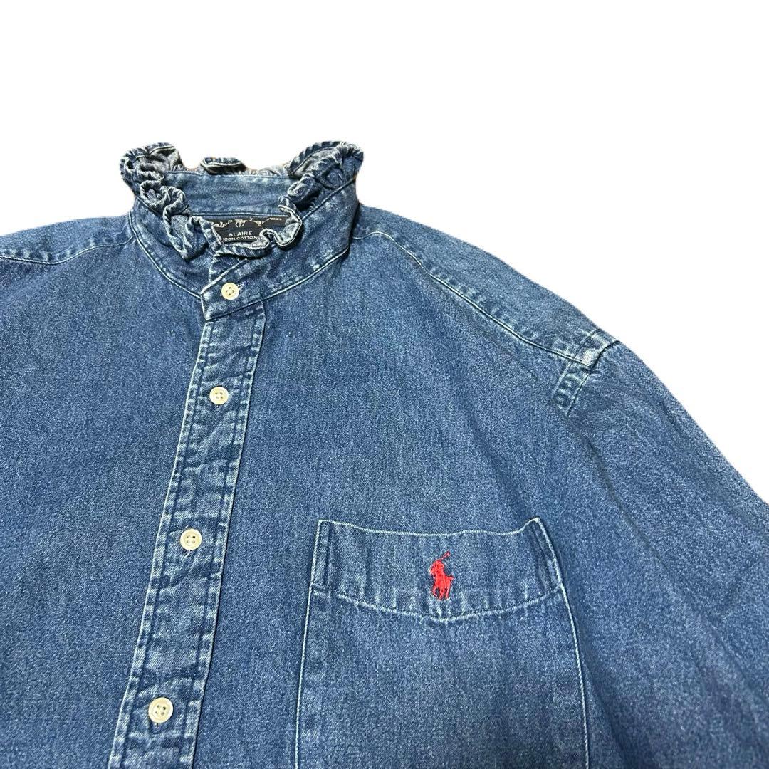 希少！大きいサイズ！ラルフローレン フリルデニムシャツ ブラウス インディゴ