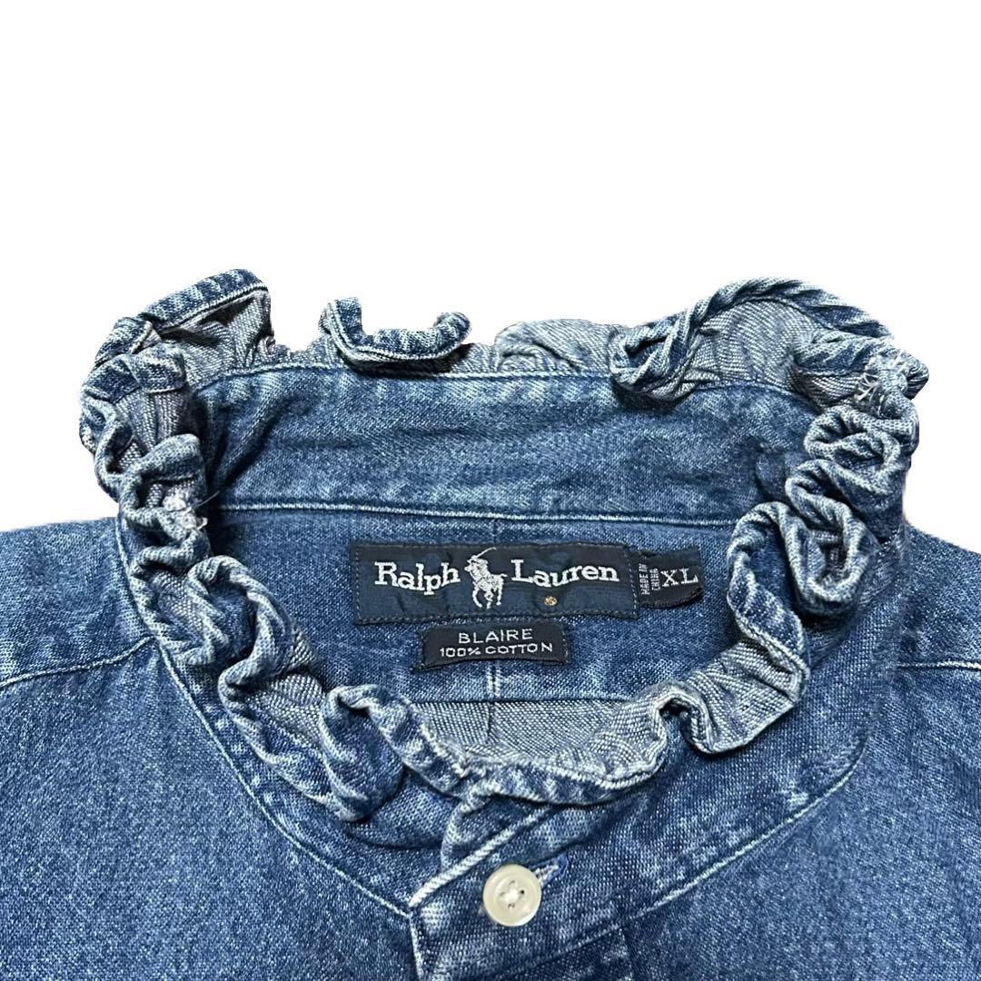 希少！大きいサイズ！ラルフローレン フリルデニムシャツ ブラウス インディゴ