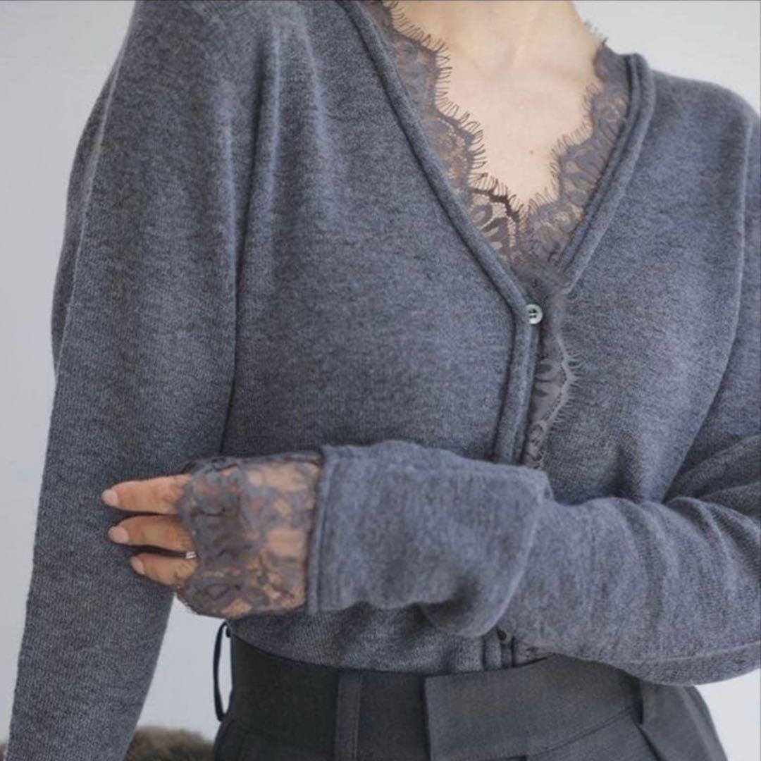 anuans アニュアンスアイラッシュレーストリミングニットカーディガン　グレー