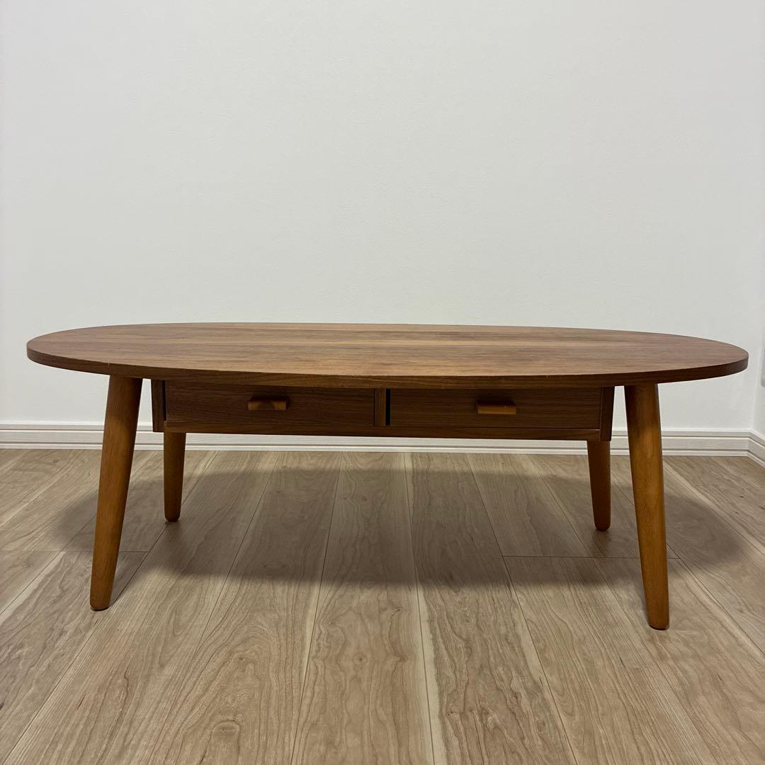 木製楕円形センターテーブル 引き出し付き
