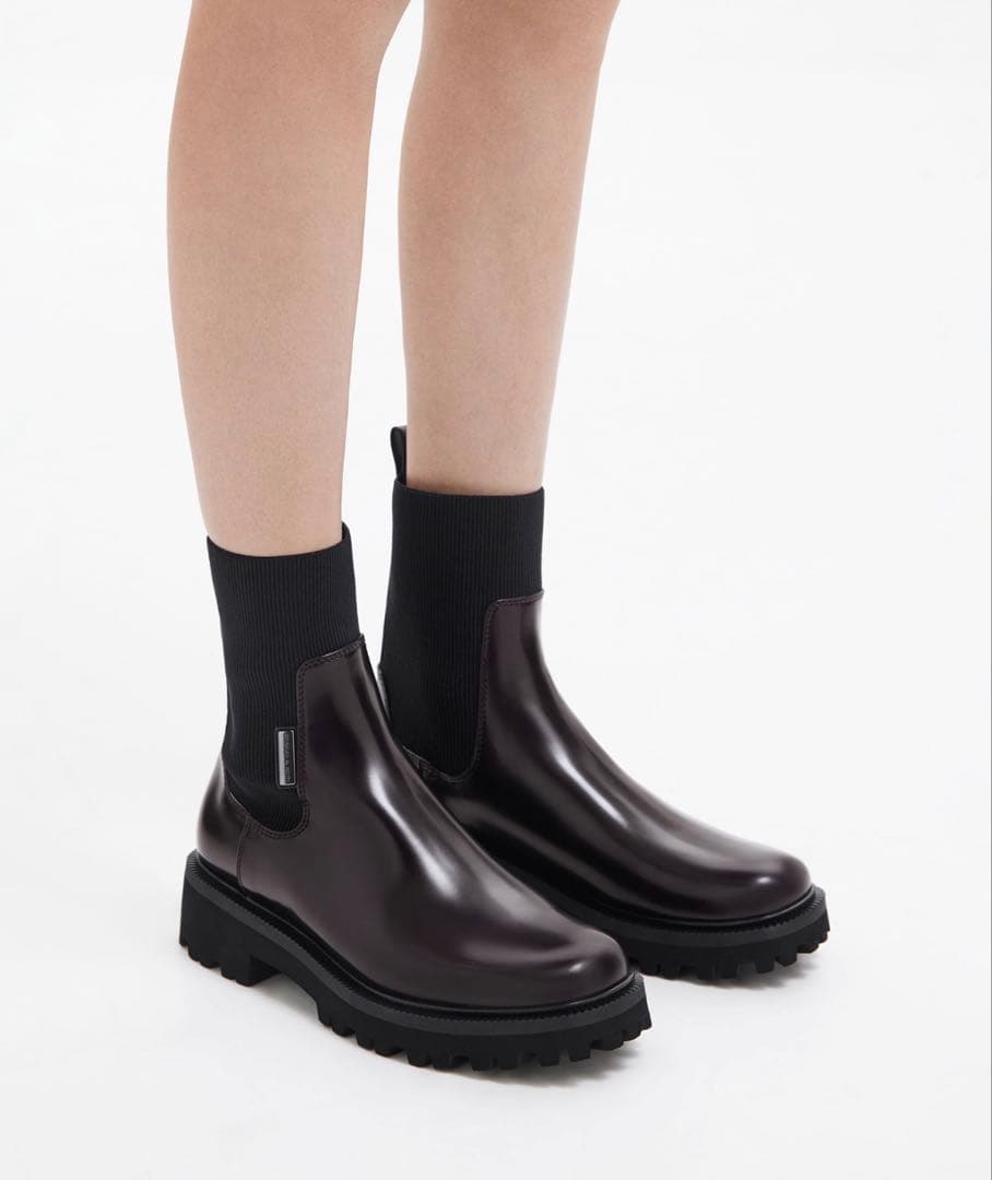CHARLES & KEITH ニットソックスリッジッドソールチェルシーブーツ