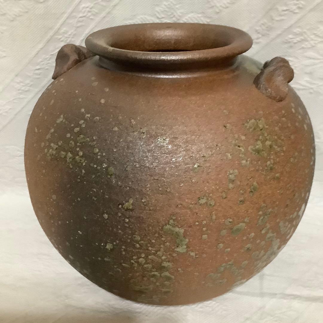 【新品　未使用】　信楽焼　「明山作」　花瓶　大型　取手茶道具　桐箱入り