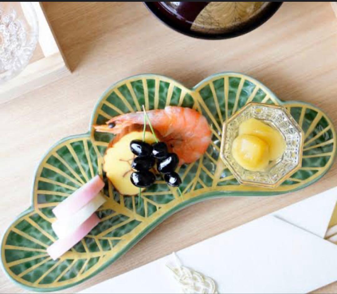 有田焼　幸楽窯　錦金松葉形前菜皿　茶緑金　6点セット