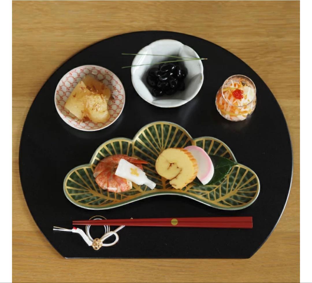 有田焼　幸楽窯　錦金松葉形前菜皿　茶緑金　6点セット