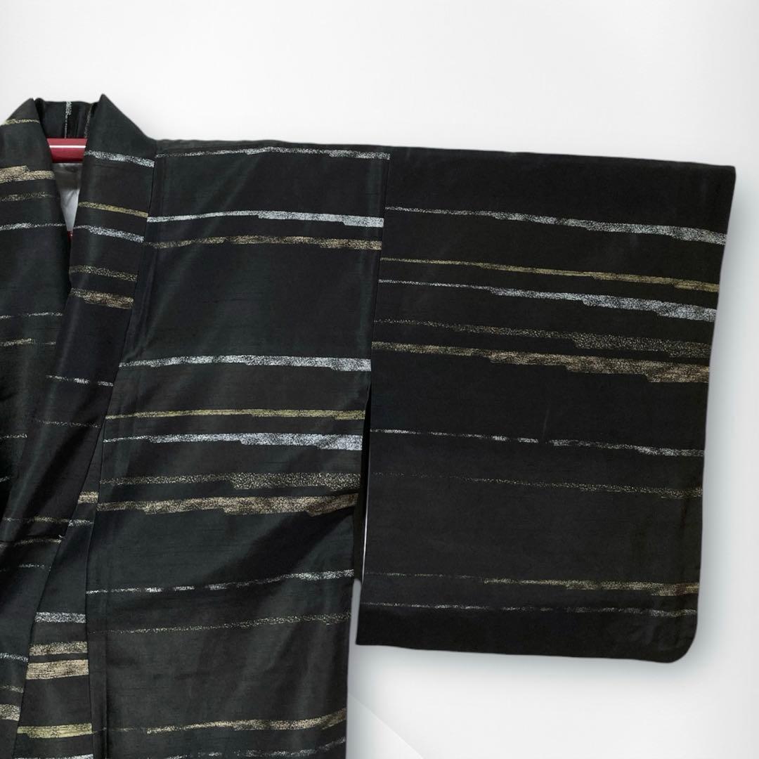 【良品✨】東レシルック　洗える着物　小紋　紬調　黒色　横段　袷　A2