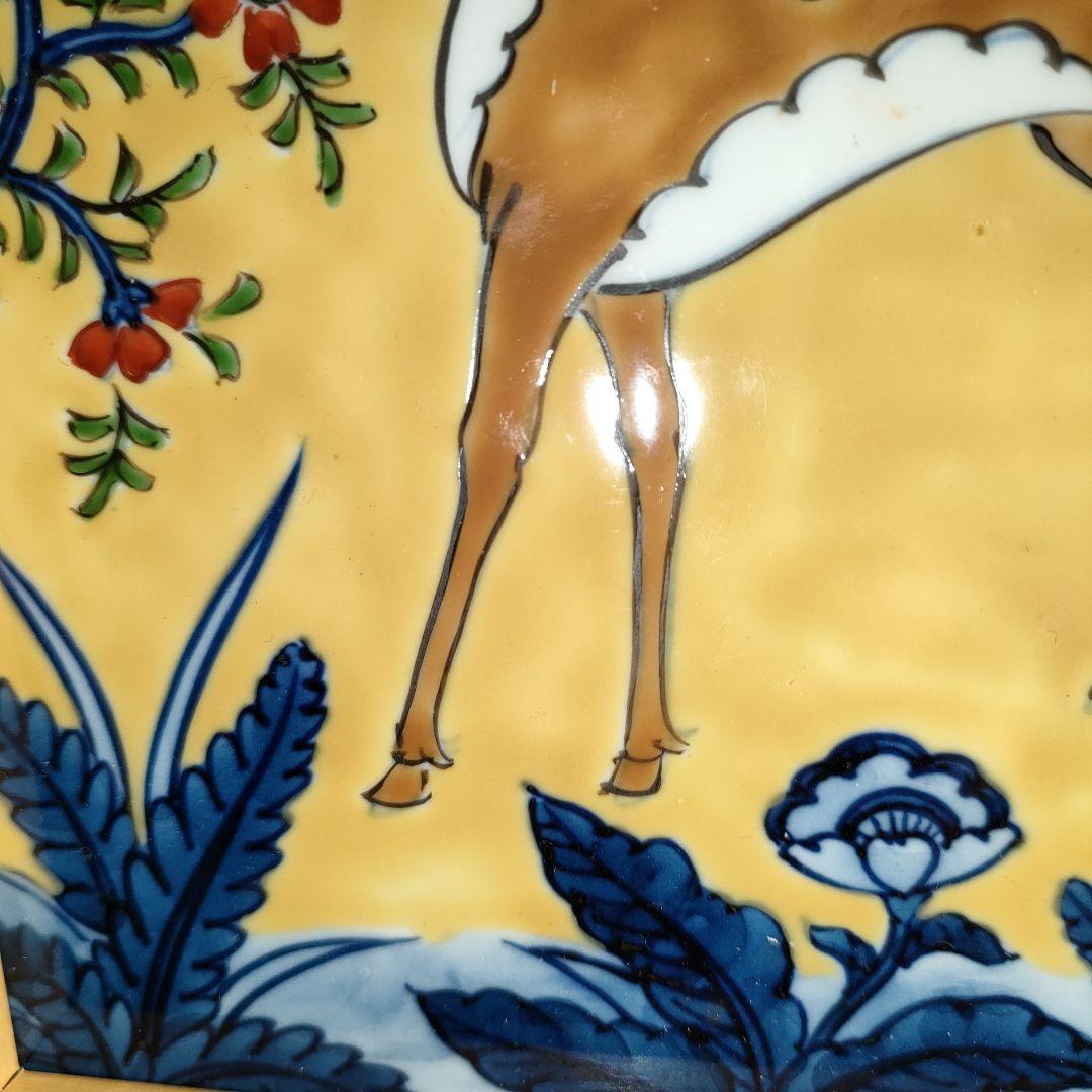 A1308-8/源右衛門窯/色絵花草鹿文陶額/