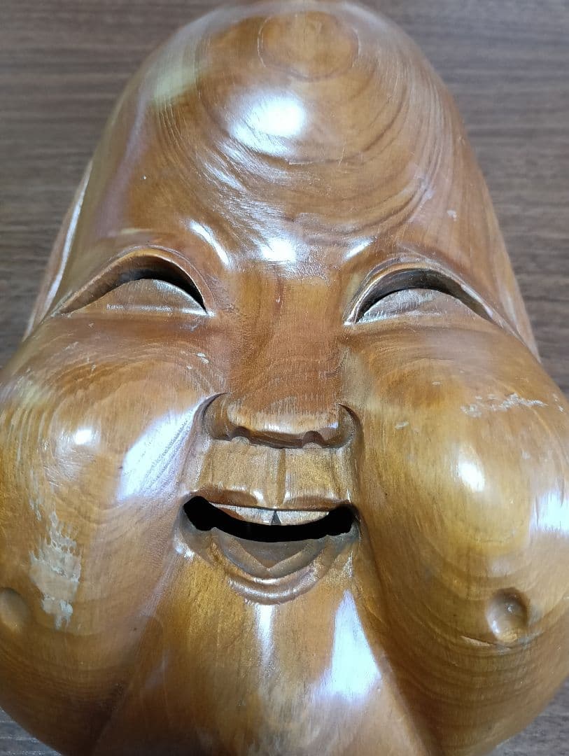 イケディア　骨董　木製面　おかめ 　手掘り　木彫り　壁掛け　お面　B