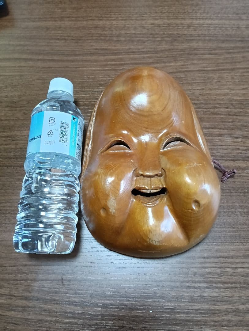 イケディア　骨董　木製面　おかめ 　手掘り　木彫り　壁掛け　お面　B