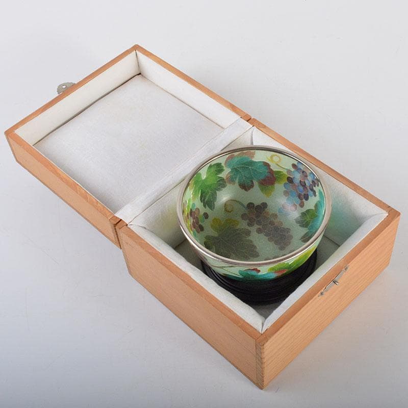 工芸ガラス　銅覆輪　葡萄文　鉢　唐木台付　時代箱付　H　R4332