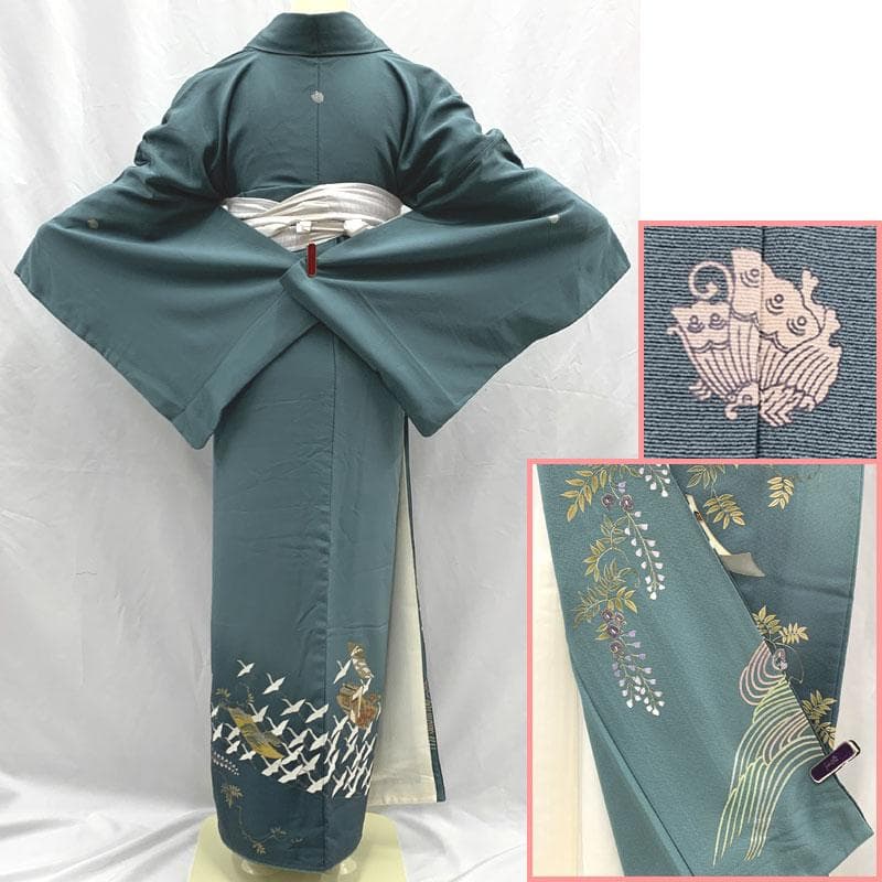 512mo36〇色留袖 三つ紋 金彩 比翼付き 鶴 藤 短冊 くすみ青緑系〇美品