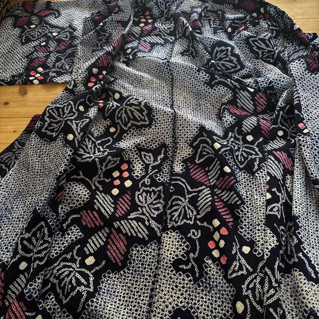 【SALE】有松鳴海絞り浴衣 手縫い 身丈161 葡萄 花紋 ヴィンテージ 浴衣