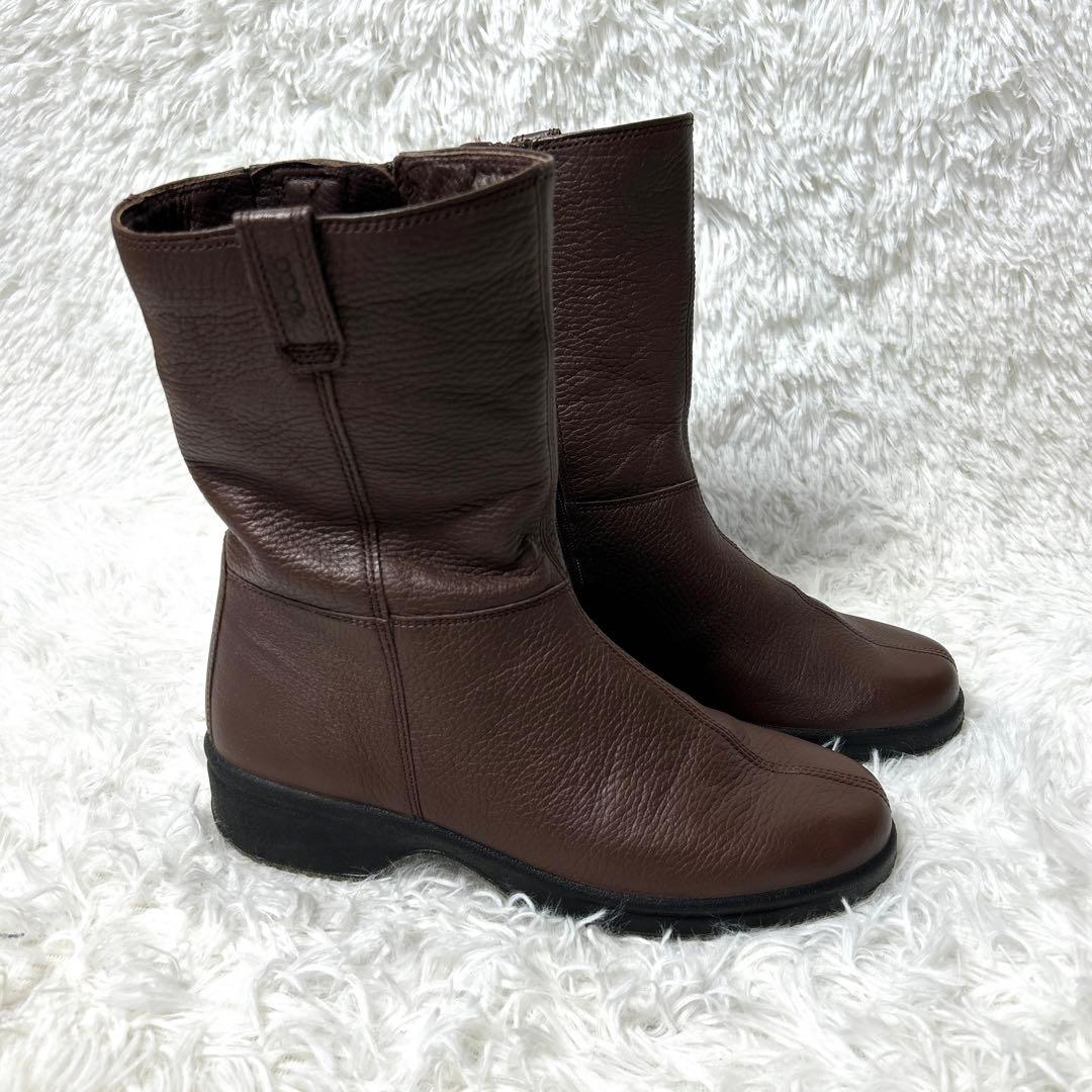 【新品・未使用級】ecco レザーシボ加工ブーツ ブラウン 24cm 3E