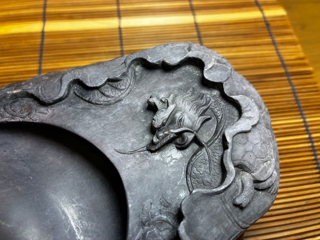 中国文房四宝 端渓硯 龍亀彫刻 蓮葉文 2.5kg